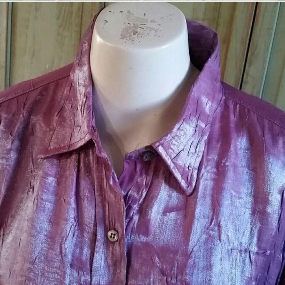 Karen Kane Purple Metallic Shimmer Button Up Blouse Top - Picture 2 of 6